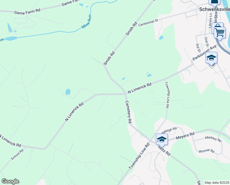 map of restaurants, bars, coffee shops, grocery stores, and more near 210 Cemetery Road in Schwenksville