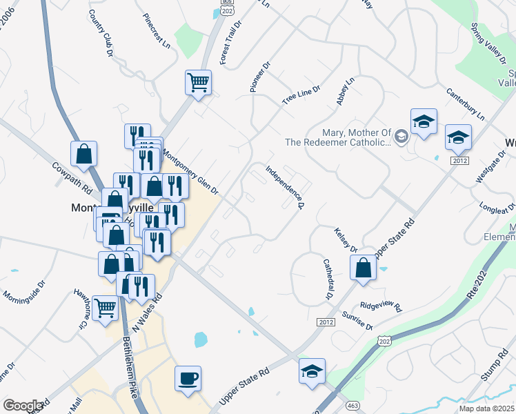 map of restaurants, bars, coffee shops, grocery stores, and more near 408 Stockton Court in North Wales
