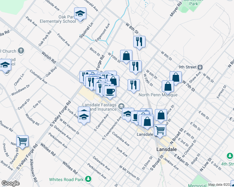 map of restaurants, bars, coffee shops, grocery stores, and more near 719 West 2nd Street in Lansdale