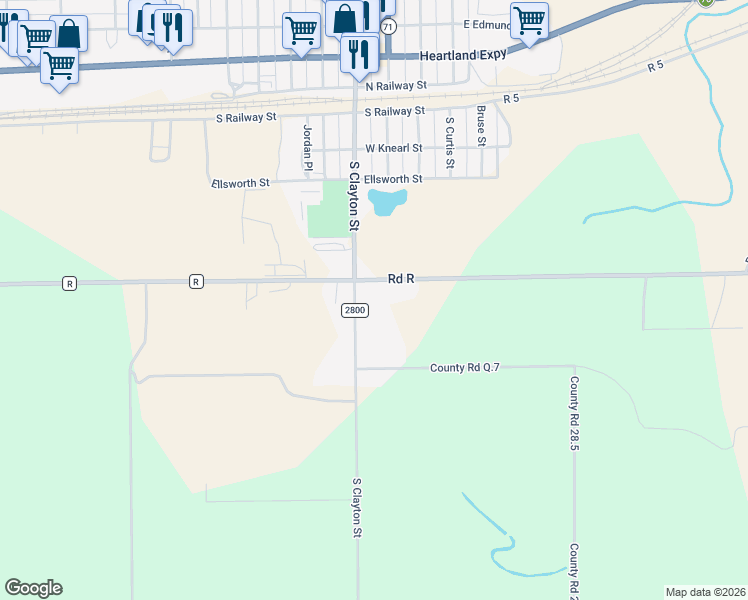 map of restaurants, bars, coffee shops, grocery stores, and more near 320 Road R in Brush