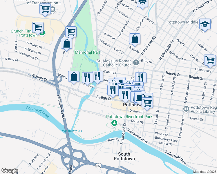 map of restaurants, bars, coffee shops, grocery stores, and more near 47 King Street in Pottstown