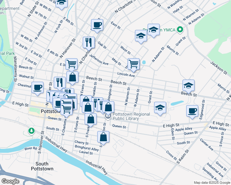 map of restaurants, bars, coffee shops, grocery stores, and more near 520 Walnut Street in Pottstown