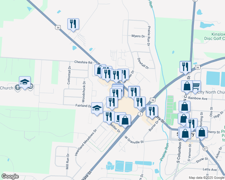 map of restaurants, bars, coffee shops, grocery stores, and more near 75 South Miller Drive in Sunbury