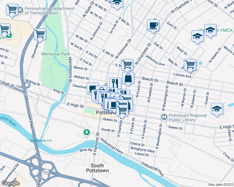 map of restaurants, bars, coffee shops, grocery stores, and more near 242 Chestnut Street in Pottstown