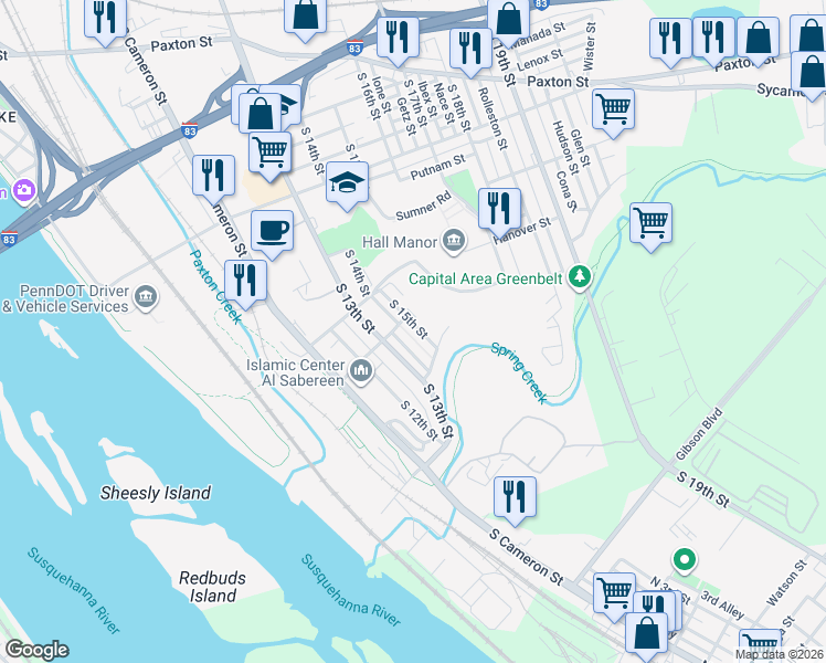 map of restaurants, bars, coffee shops, grocery stores, and more near 1410 South 15th Street in Harrisburg