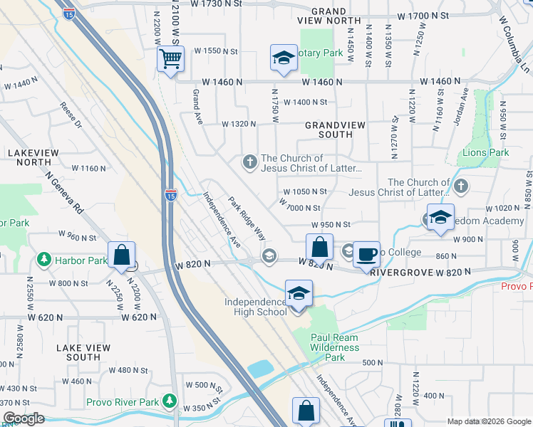 map of restaurants, bars, coffee shops, grocery stores, and more near 999 North Grand Circle in Provo