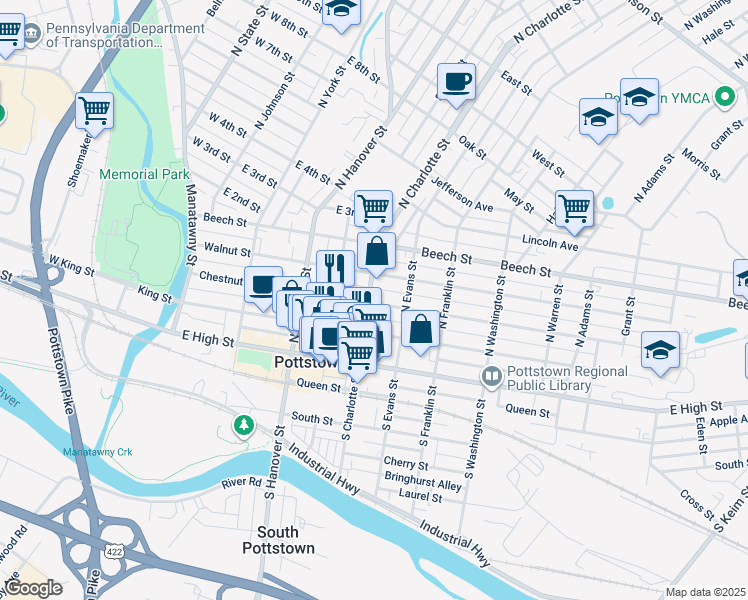 map of restaurants, bars, coffee shops, grocery stores, and more near 305 Chestnut Street in Pottstown