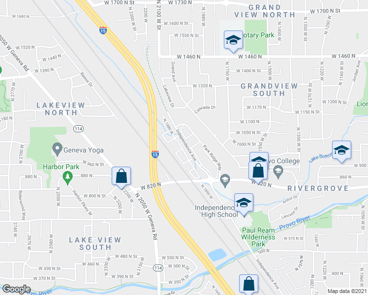 map of restaurants, bars, coffee shops, grocery stores, and more near 1073 Independence Avenue in Provo