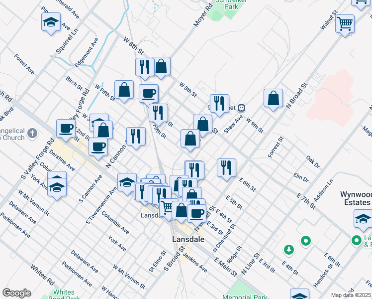 map of restaurants, bars, coffee shops, grocery stores, and more near 576 West 6th Street in Lansdale