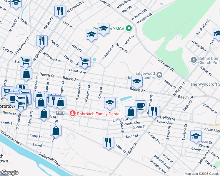 map of restaurants, bars, coffee shops, grocery stores, and more near 733 Beech Street in Pottstown