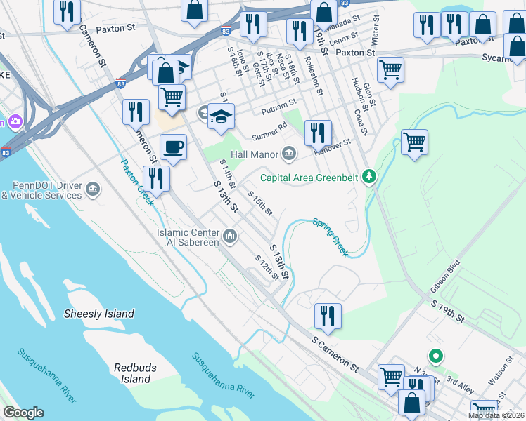map of restaurants, bars, coffee shops, grocery stores, and more near 1410 South 15th Street in Harrisburg