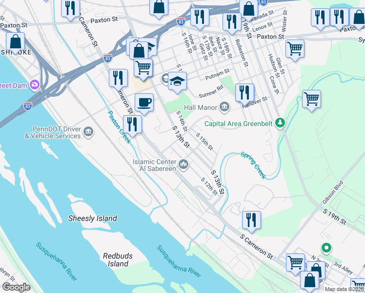 map of restaurants, bars, coffee shops, grocery stores, and more near 1301 South 13th Street in Harrisburg