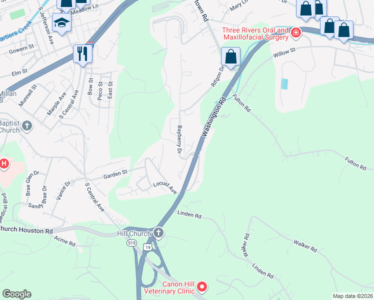 map of restaurants, bars, coffee shops, grocery stores, and more near 1062 Bayberry Drive in Canonsburg