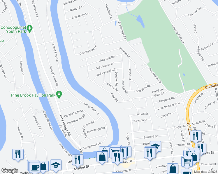 map of restaurants, bars, coffee shops, grocery stores, and more near 518 Colony Road in Camp Hill