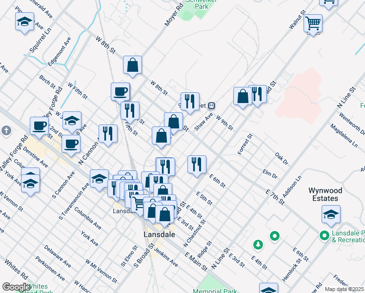 map of restaurants, bars, coffee shops, grocery stores, and more near 121 West 6th Street in Lansdale
