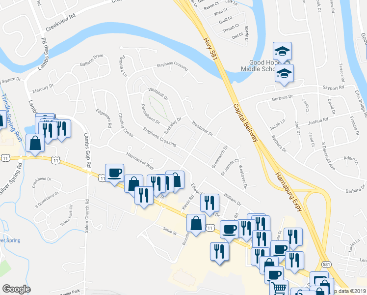 map of restaurants, bars, coffee shops, grocery stores, and more near 4 Kensington Square in Mechanicsburg