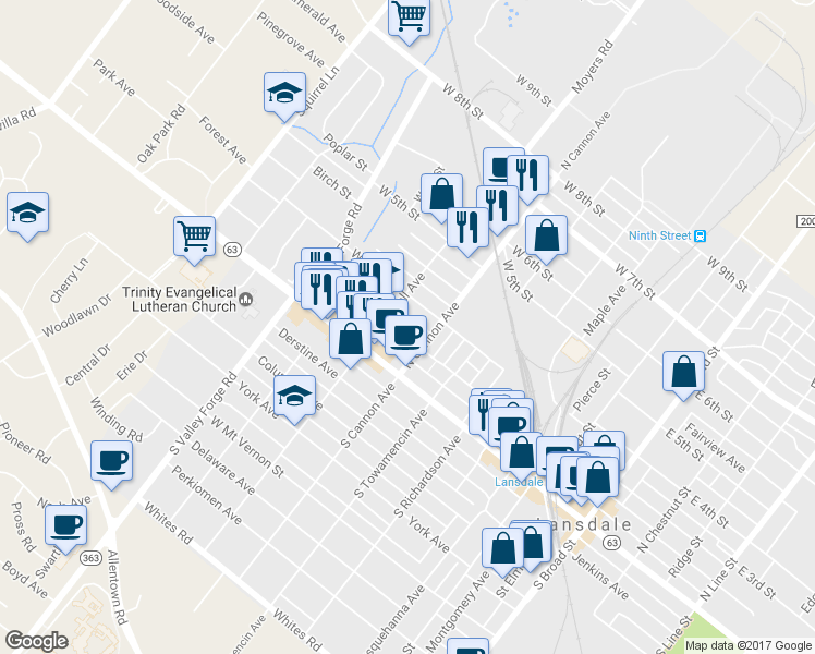 map of restaurants, bars, coffee shops, grocery stores, and more near 723 West 2nd Street in Lansdale