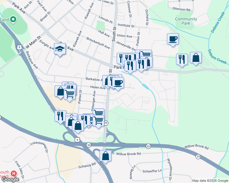map of restaurants, bars, coffee shops, grocery stores, and more near 179 South Street in Freehold
