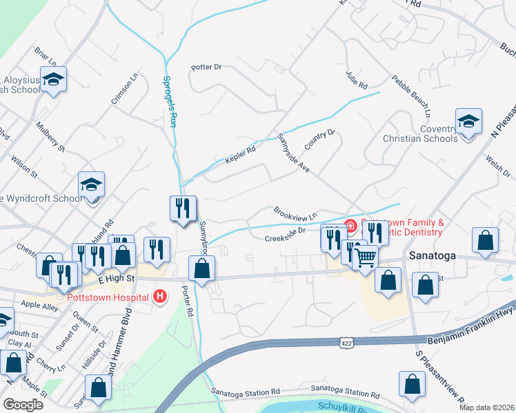 map of restaurants, bars, coffee shops, grocery stores, and more near 1030 Stuart Drive in Pottstown