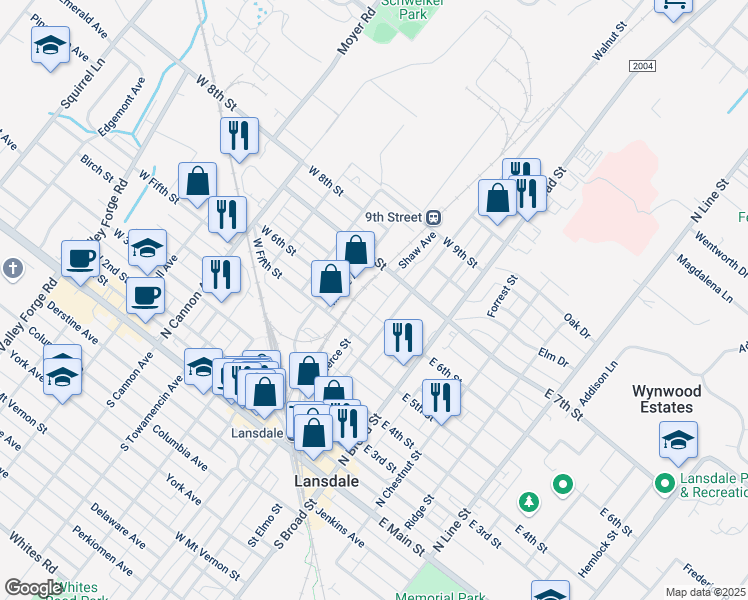 map of restaurants, bars, coffee shops, grocery stores, and more near 121 West 6th Street in Lansdale