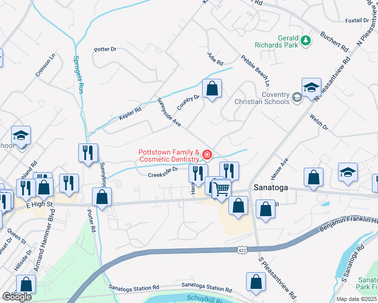 map of restaurants, bars, coffee shops, grocery stores, and more near 115 Brookview Lane in Pottstown