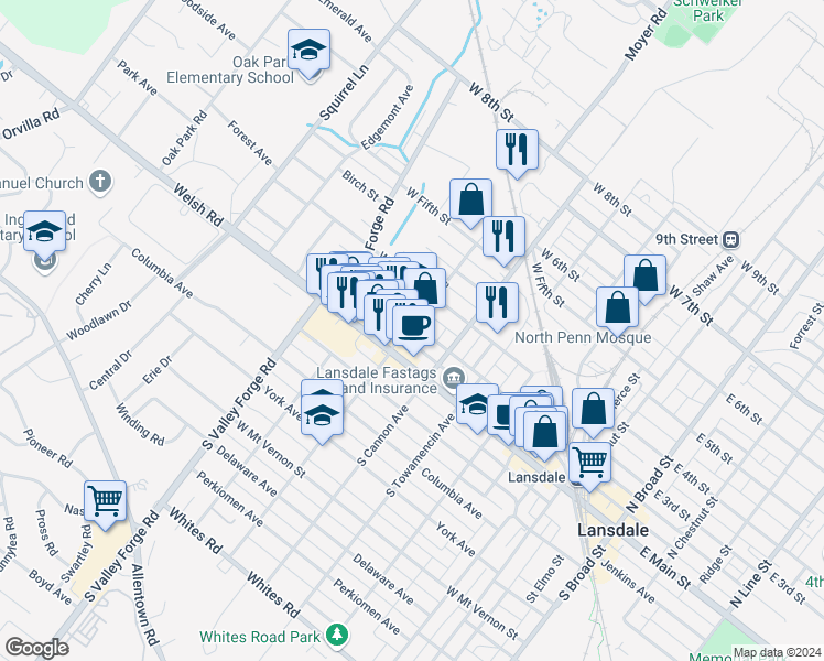 map of restaurants, bars, coffee shops, grocery stores, and more near 35 North Mitchell Avenue in Lansdale