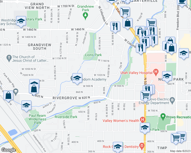 map of restaurants, bars, coffee shops, grocery stores, and more near 994 North 1000 West in Provo