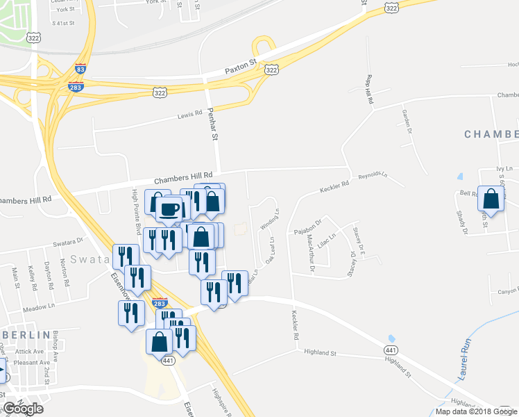 map of restaurants, bars, coffee shops, grocery stores, and more near 631 Winding Lane in Harrisburg