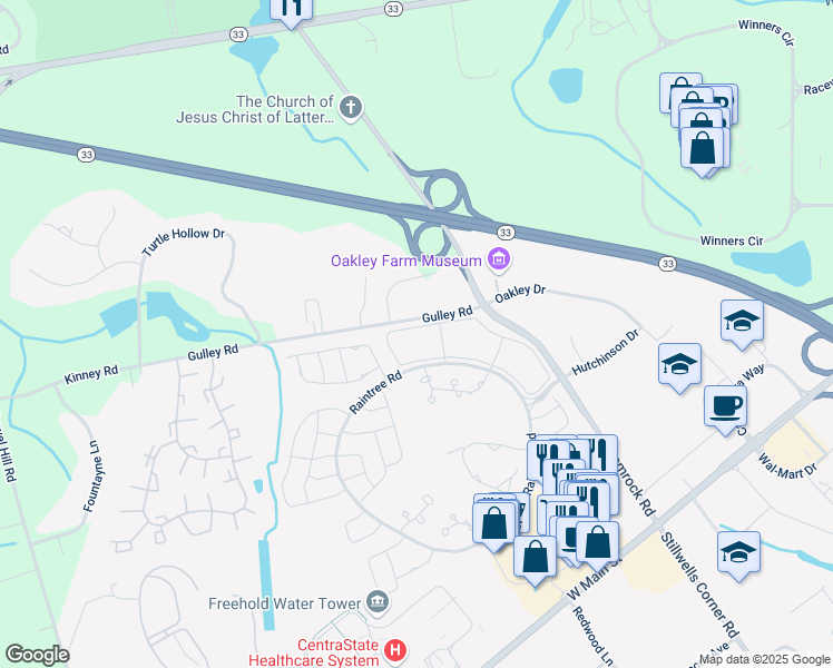 map of restaurants, bars, coffee shops, grocery stores, and more near 205 Tulip Lane in Freehold
