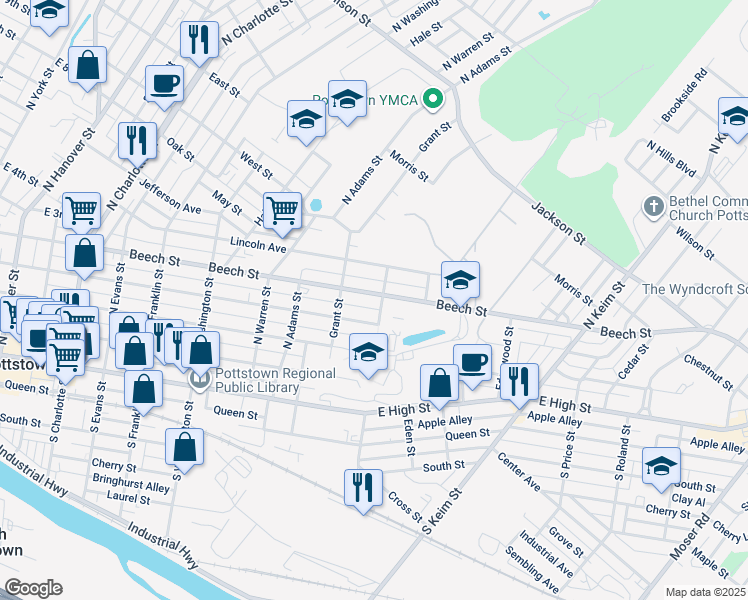 map of restaurants, bars, coffee shops, grocery stores, and more near 738 Beech Street in Pottstown