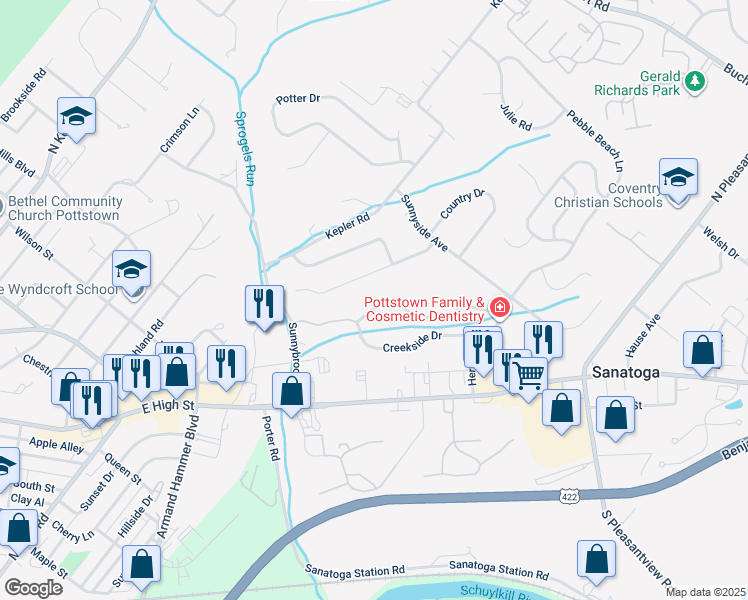 map of restaurants, bars, coffee shops, grocery stores, and more near 59 Brookview Lane in Pottstown