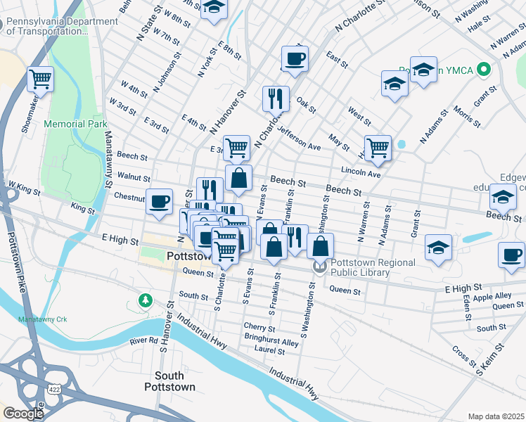 map of restaurants, bars, coffee shops, grocery stores, and more near 112 North Evans Street in Pottstown