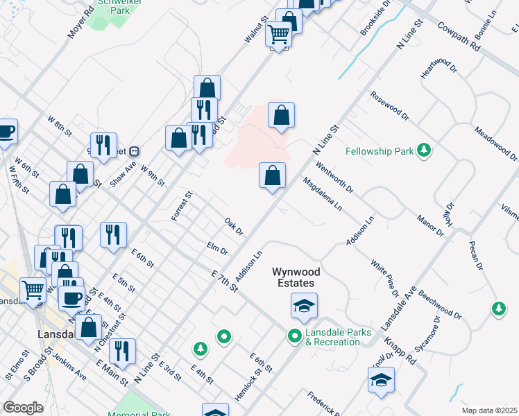 map of restaurants, bars, coffee shops, grocery stores, and more near 1028 North Line Street in Lansdale