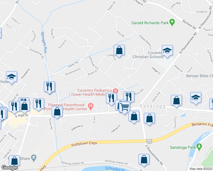 map of restaurants, bars, coffee shops, grocery stores, and more near 115 Brookview Lane in Pottstown