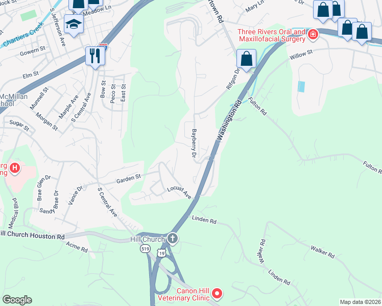 map of restaurants, bars, coffee shops, grocery stores, and more near 15 Abbeywood Lane in Canonsburg
