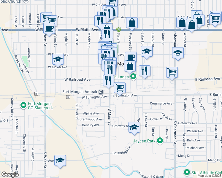 map of restaurants, bars, coffee shops, grocery stores, and more near 110 Main Street in Fort Morgan