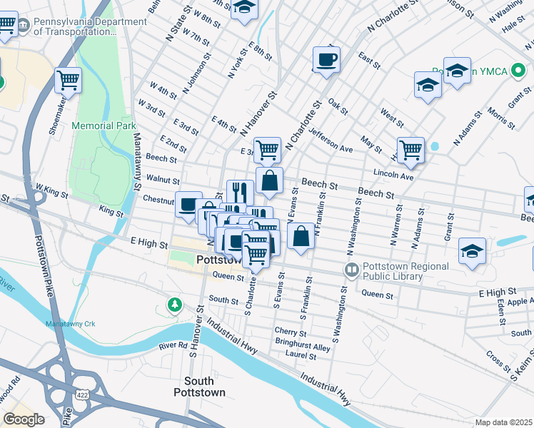 map of restaurants, bars, coffee shops, grocery stores, and more near 305 Chestnut Street in Pottstown