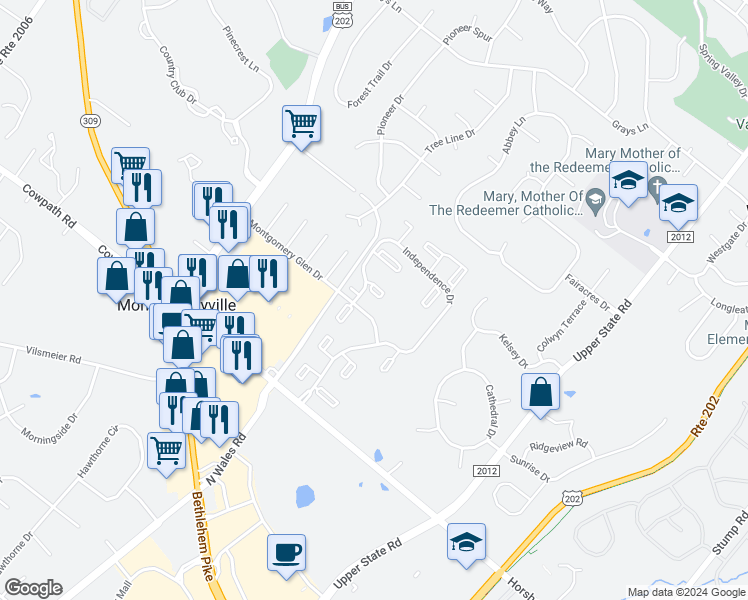 map of restaurants, bars, coffee shops, grocery stores, and more near 506 Stockton Court in North Wales