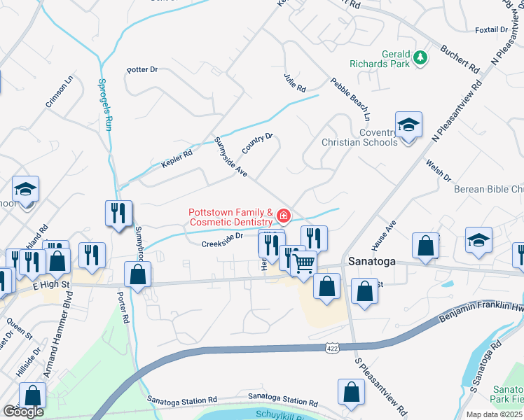 map of restaurants, bars, coffee shops, grocery stores, and more near 119 Brookview Lane in Pottstown