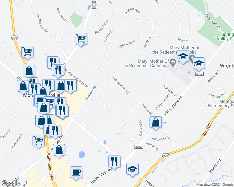 map of restaurants, bars, coffee shops, grocery stores, and more near 2600 Adams Court in North Wales