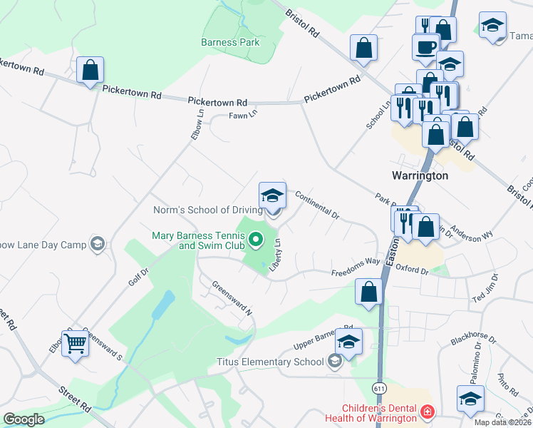 map of restaurants, bars, coffee shops, grocery stores, and more near 2577 Pierce Court in Warrington