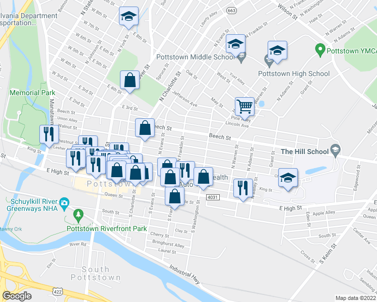 map of restaurants, bars, coffee shops, grocery stores, and more near 401 Walnut Street in Pottstown