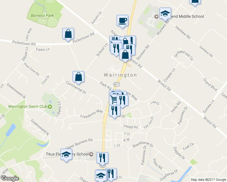 map of restaurants, bars, coffee shops, grocery stores, and more near 1221 Easton Road in Warrington