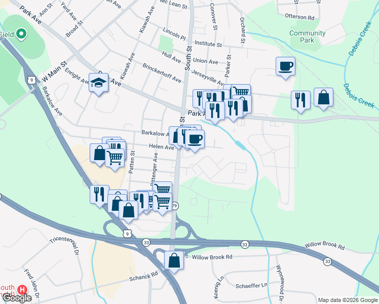 map of restaurants, bars, coffee shops, grocery stores, and more near 179 South Street in Freehold
