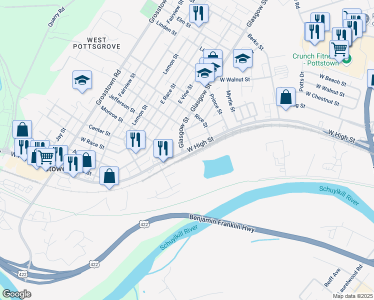 map of restaurants, bars, coffee shops, grocery stores, and more near 631 West High Street in Pottstown