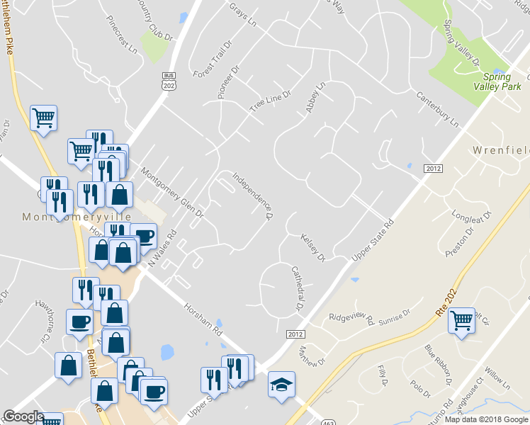 map of restaurants, bars, coffee shops, grocery stores, and more near 2315 Adams Court in North Wales