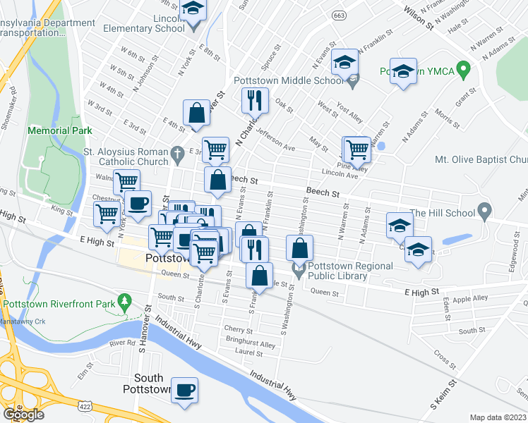 map of restaurants, bars, coffee shops, grocery stores, and more near 119 North Franklin Street in Pottstown