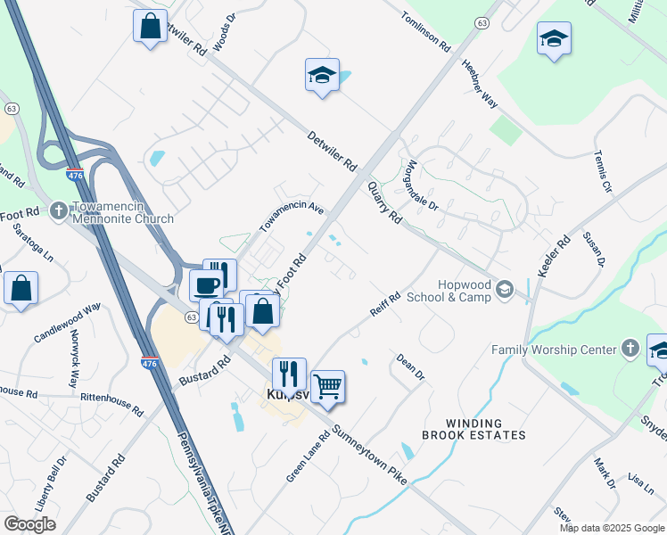 map of restaurants, bars, coffee shops, grocery stores, and more near 203 Wyncote Court in Lansdale
