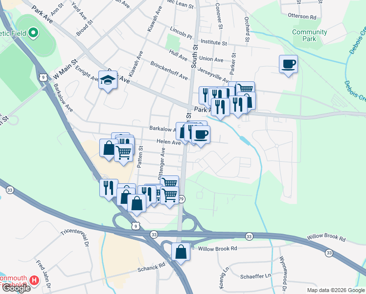 map of restaurants, bars, coffee shops, grocery stores, and more near 3 Helen Avenue in Freehold