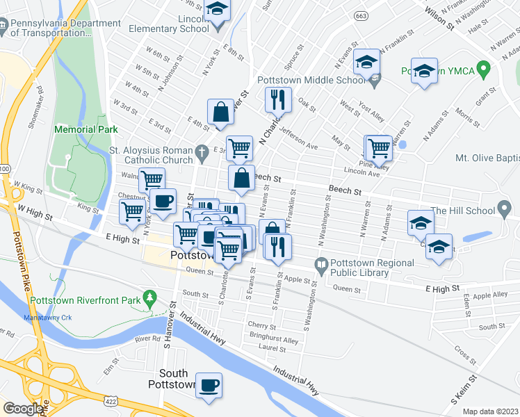 map of restaurants, bars, coffee shops, grocery stores, and more near 113 North Evans Street in Pottstown